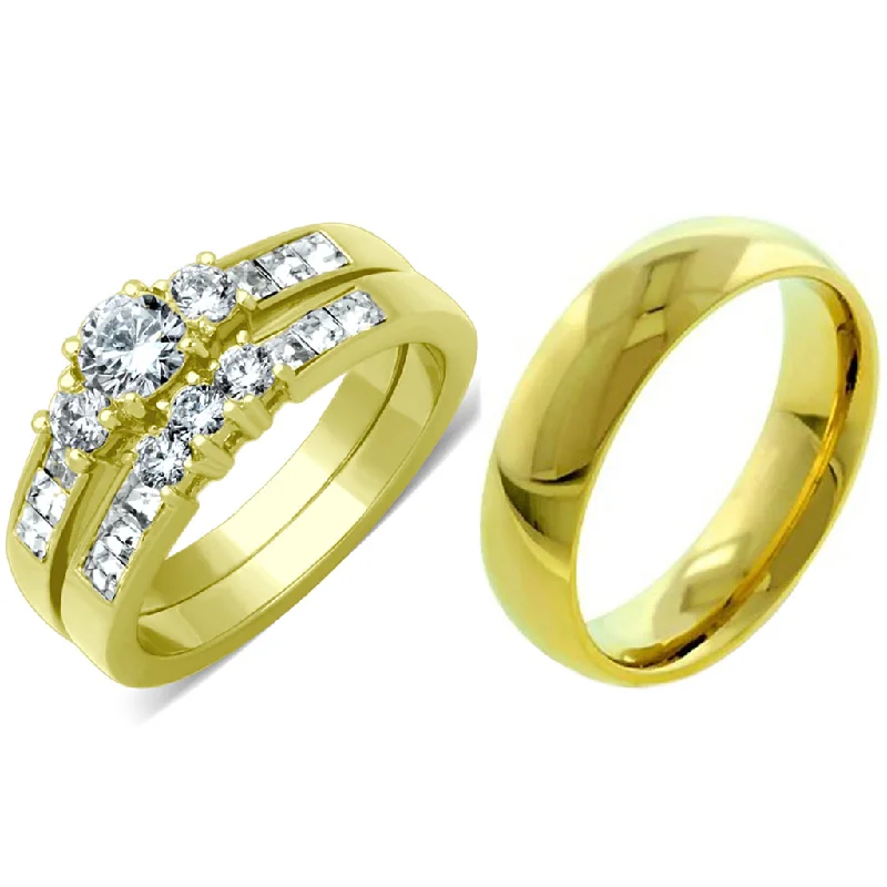 Floating gem ring-His Hers 3 Pcs Gold IP Stainless Steel Small Round Cut CZ Wedding Ring set and Mens Band