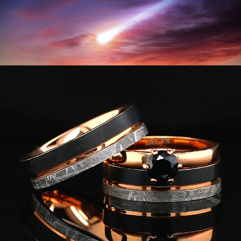 Floating gem ring-3PCs Couple Ring Set | Gold Plated Stainless Steel Engagement Ring | Natural Meteorite Wedding Bands for Him and Her | Tungsten Black & Gold Wedding Band