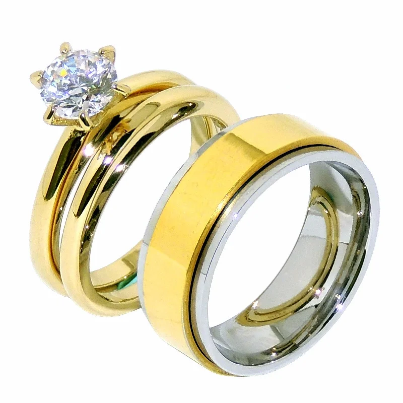 Vintage citrine ring-His Hers 3 PCS Round Cut CZ Solitaire Gold IP Stainless Steel Wedding Set Mens Gold Spinning Band