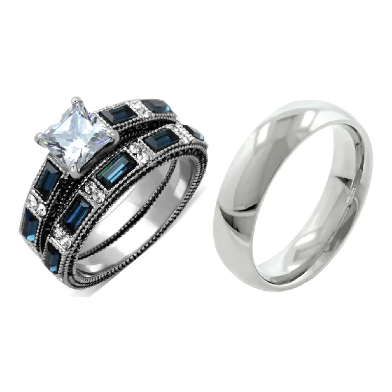 Airy silver ring-His Hers 3 PCS Stainless Steel Clear Princess CZ Deep Blue CZ Wedding Ring set Mens Dome Band