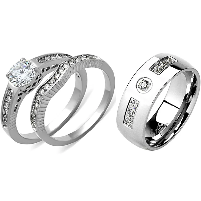 Jagged rim ring-His Hers 3 PCS Womens 6x6mm Round CZ Stainless Steel Wedding Ring Set Mens 7 Round CZ Band