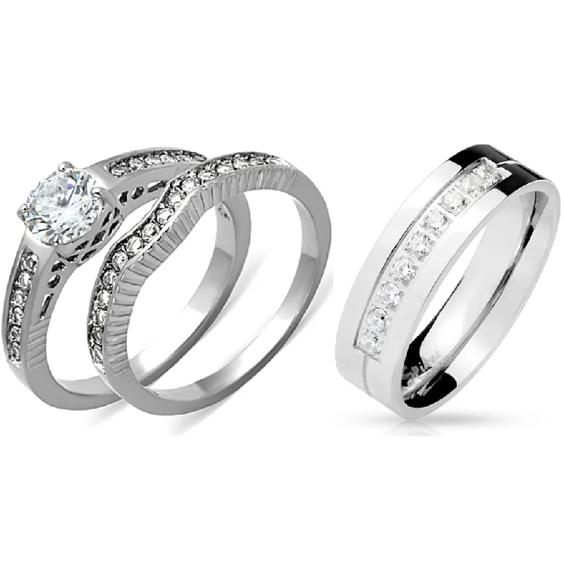 Twisted knot ring-His Hers 3 PCS Womens 6x6mm Round CZ Stainless Steel Wedding Ring Set Mens 9 Round CZ Band