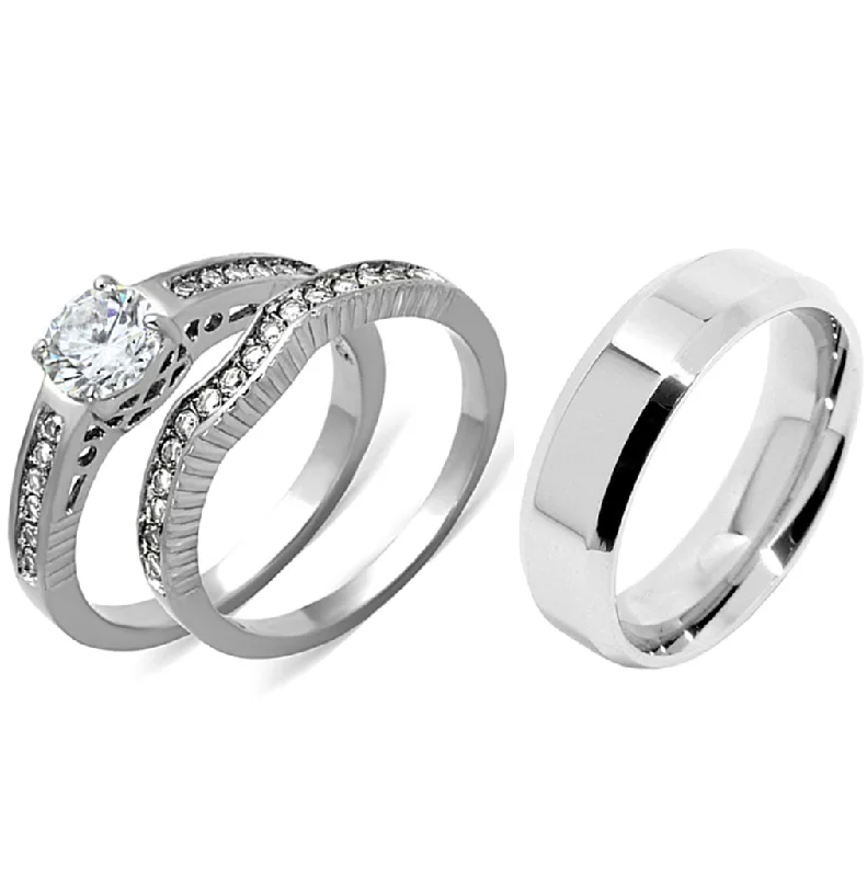 Seamless band ring-His Hers 3 PCS Womens 6x6mm Round CZ Stainless Steel Wedding Ring Set Mens Flat Band