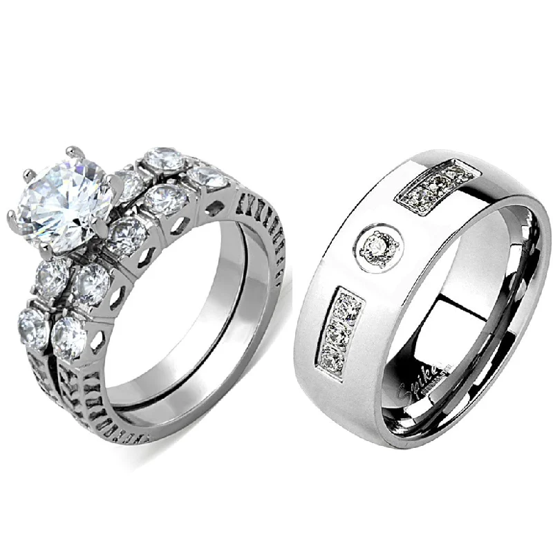 Ripple design ring-3 PCS Couple Ring Set Womens 8x8mm Round Cut CZ Stainless Steel Wedding Ring Set Mens 7 CZ Band