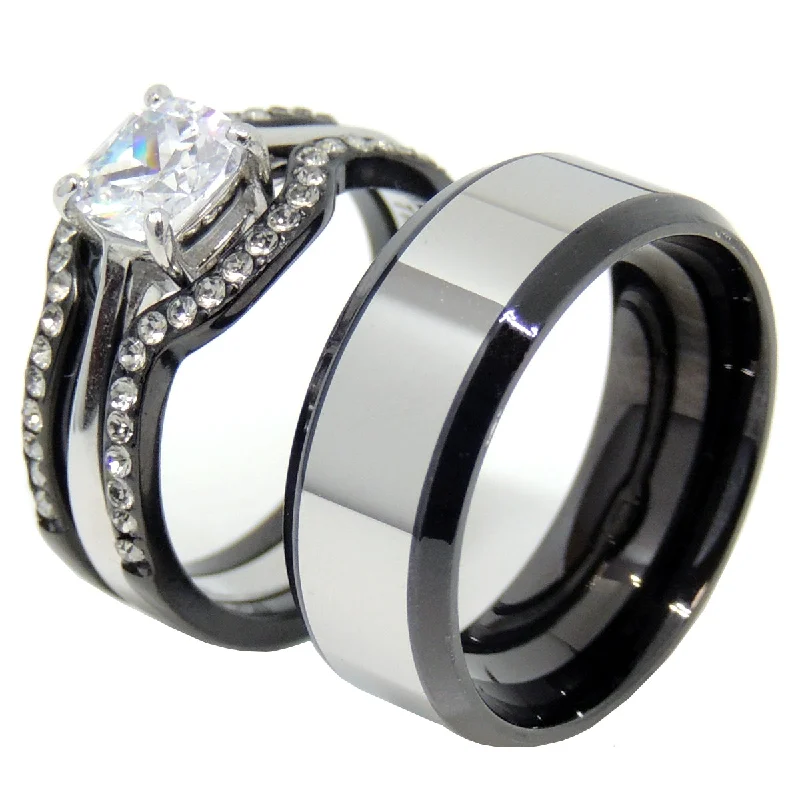 Latched ring-His Hers 4 PCS Black IP Stainless Steel Cushion Cut CZ Wedding Set Mens Two Tone Band