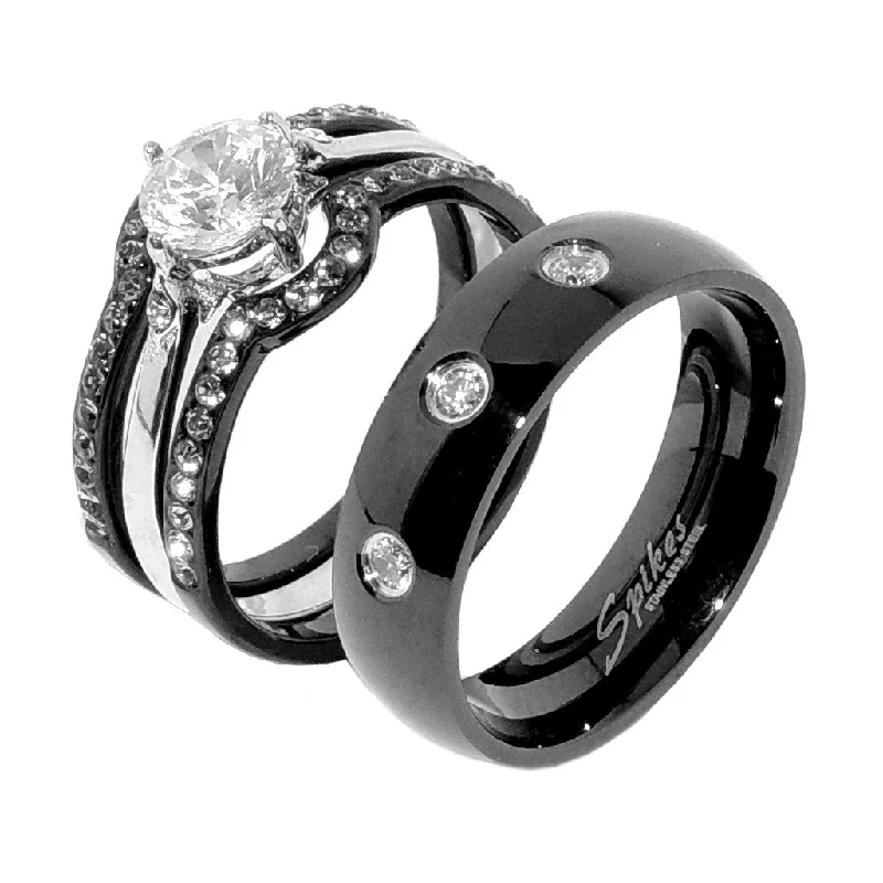 Lustrous minimalist ring-His Hers 4 PCS Black IP Stainless Steel Round Cut CZ Wedding Set Mens 3 CZ Matching Band