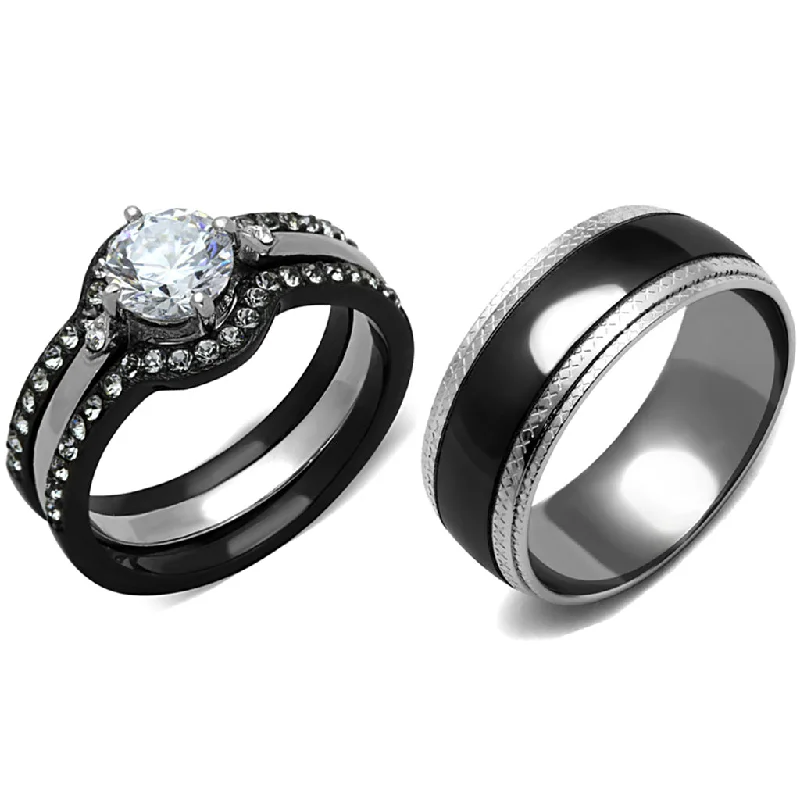 Dense sapphire ring-His Hers 4 PCS Black IP Stainless Steel Round Cut CZ Wedding Set Mens Matching Band