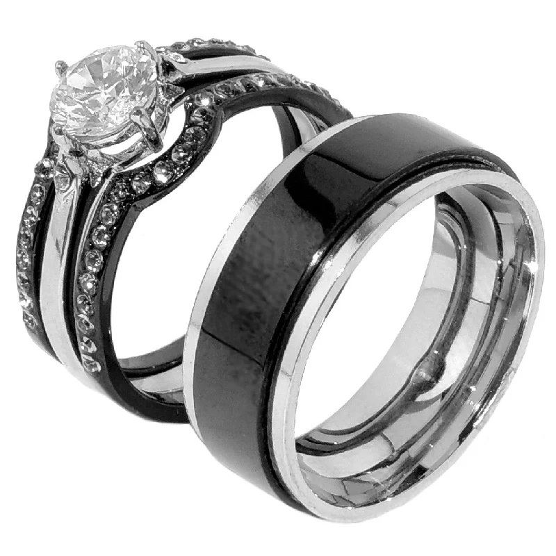 Subtle silver ring-His Hers 4 PCS Black IP Stainless Steel Round Cut CZ Wedding Set Mens Spinning Matching Band