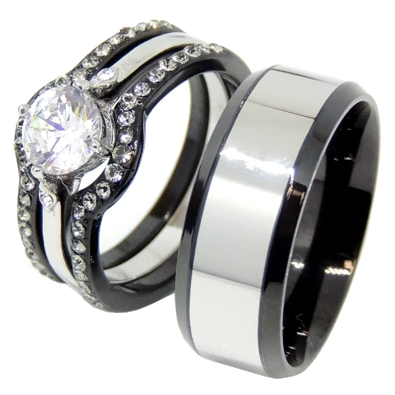 Gripped stone ring-His Hers 4 PCS Black IP Stainless Steel Round Cut CZ Wedding Set Mens Two Tone Band