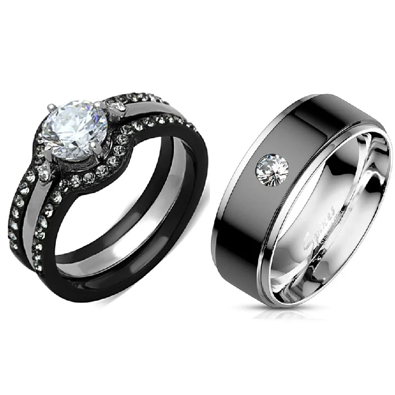 Bold moonstone ring-His Hers 4 PCS Round Cut CZ Black Engagement Ring Set Mens Bezel Set CZ  Wedding Band