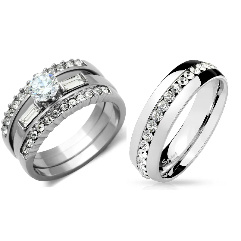 High gem ring-His Hers 4 PCS Womens Stainless Steel Wedding Set w/ Mens All Around Clear CZ Band