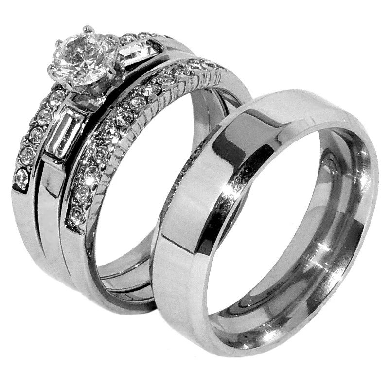 Stacked birthstone ring-His Hers 4 PCS Womens Stainless Steel Wedding Set w/ Mens Matching Flat Band