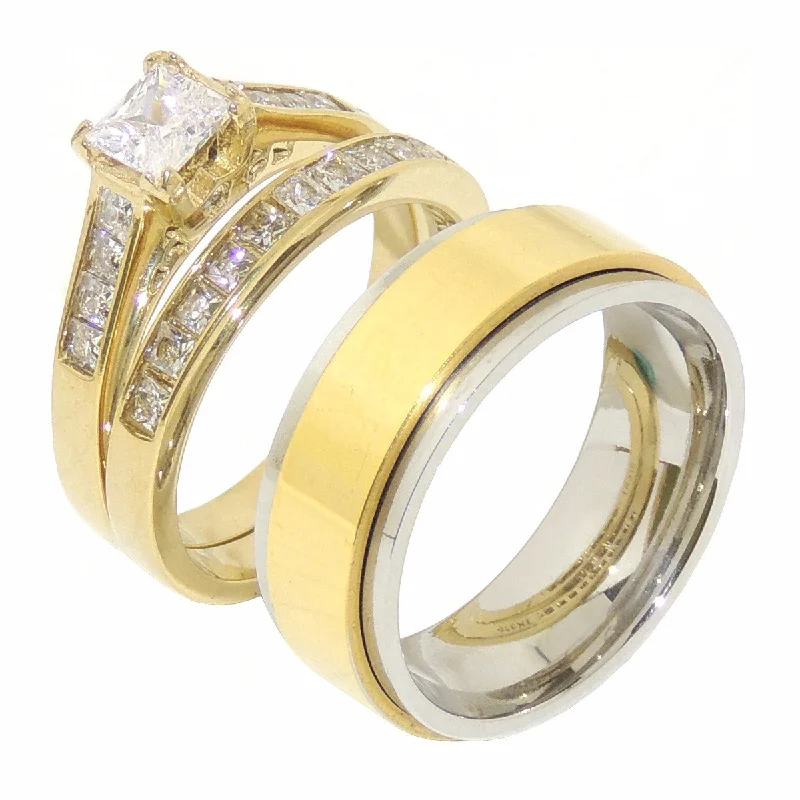 Forged gold ring-His Hers 5x5mm Princess CZ Gold IP Stainless Steel Wedding Set Mens Gold Spinning Band