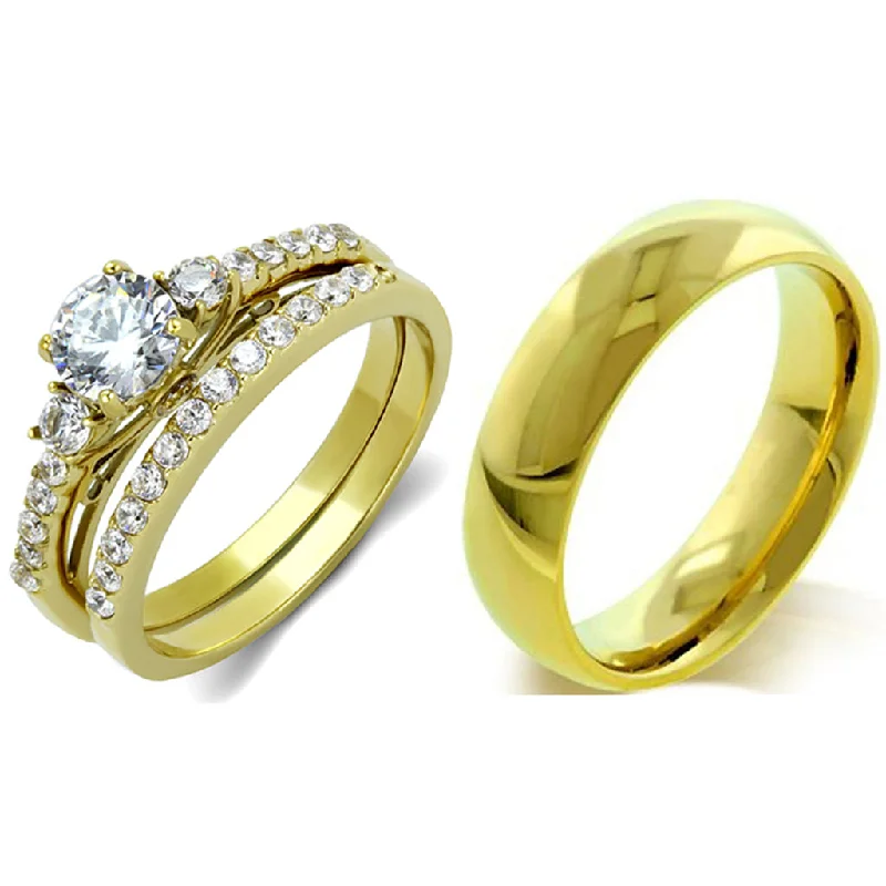 Five-stone ring-His Hers Couple 3 PCS 5x5mm Round Cut CZ Gold IP Stainless Steel Wedding Set Mens Gold Band