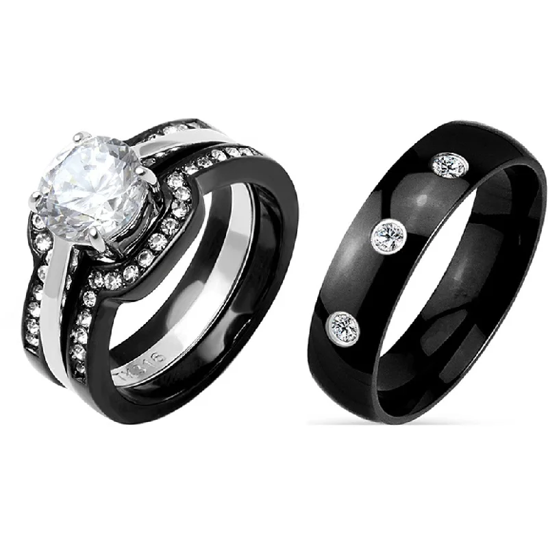 Floating gem ring-His Hers Couple Ring Set Womens Round CZ Anniversary Two Tone Ring Set Mens 3 CZs Band