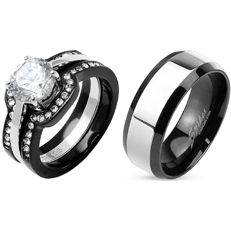 Dotted band ring-His Hers Couple Ring Set Womens Round CZ Anniversary Two Tone Ring Set Mens Band