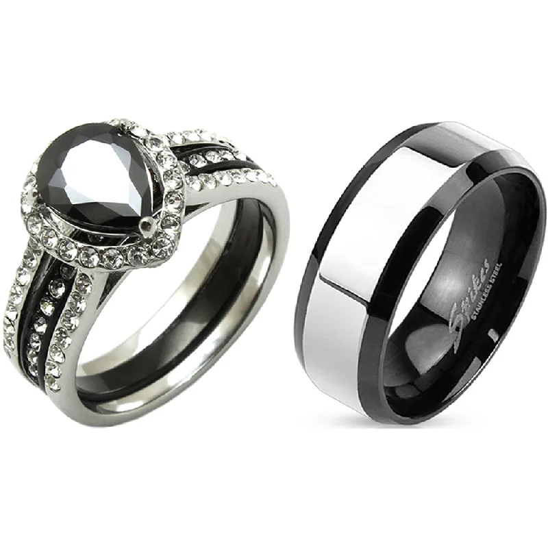 Single pearl ring-His Hers Matching Couple Ring Set Womens Black Pear CZ Wedding Ring Set Mens Two Tone Band