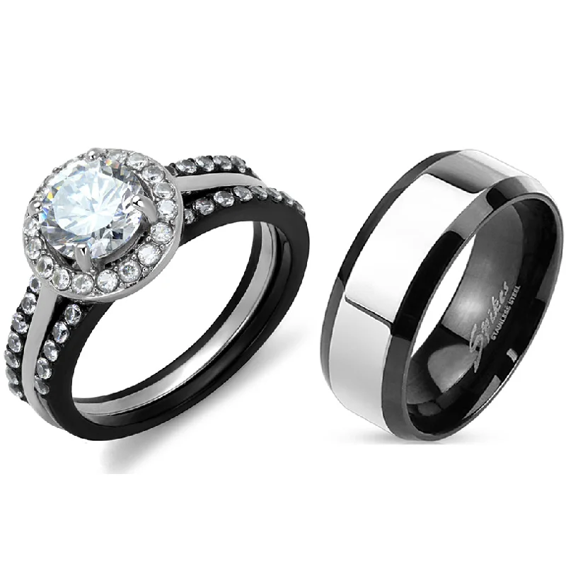 Radiant stone ring-His Hers Matching Ring Set Womens 1 Carat 7x7mm CZ Black Wedding Ring Set Mens Two Tone Band