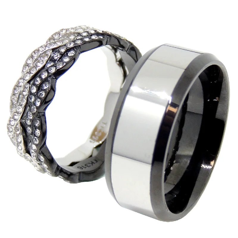 Dome motif ring-His Hers Ring Set Womens Two Tone Stainless Steel 2 Band Set Mens Two Tone Band