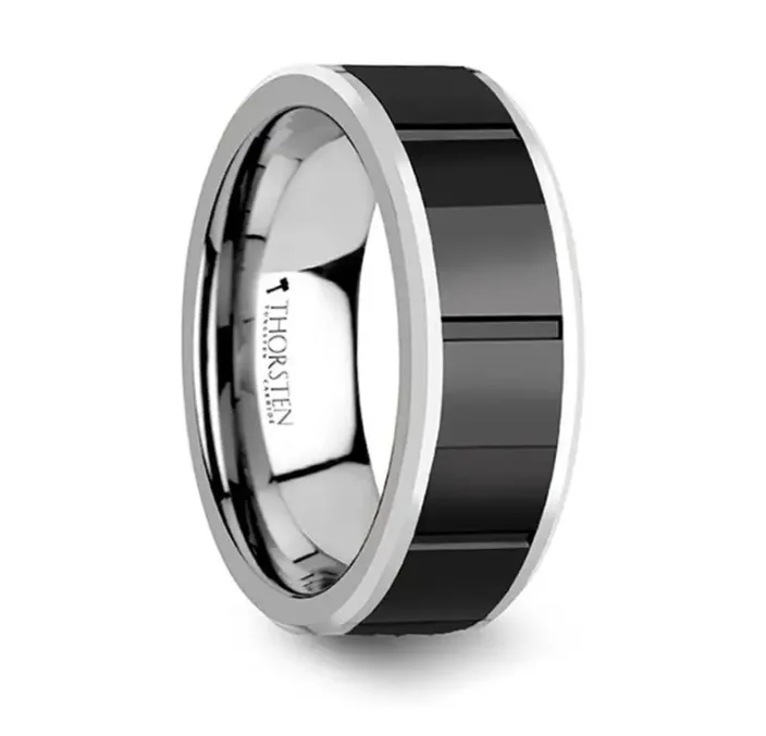 Hand-chiseled ring-KONSTANTINE Watch Band Style Tungsten Ring With Black Ceramic Inlay - 8mm