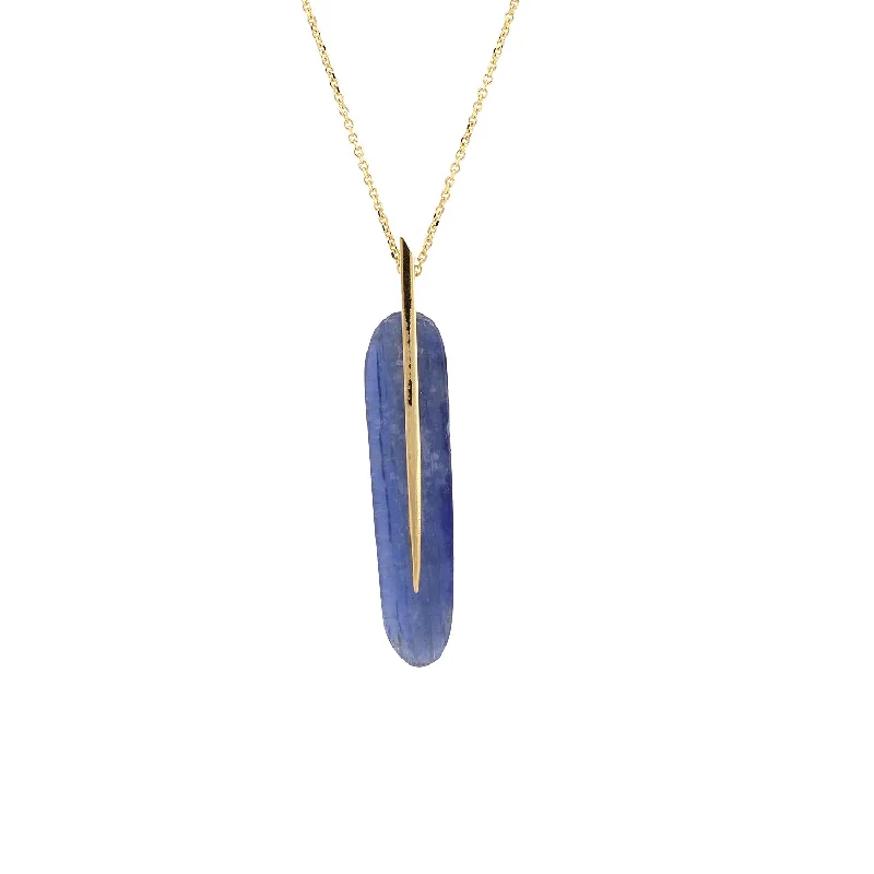 Frosty topaz necklace-Large Single Feather Pendant with Kyanite