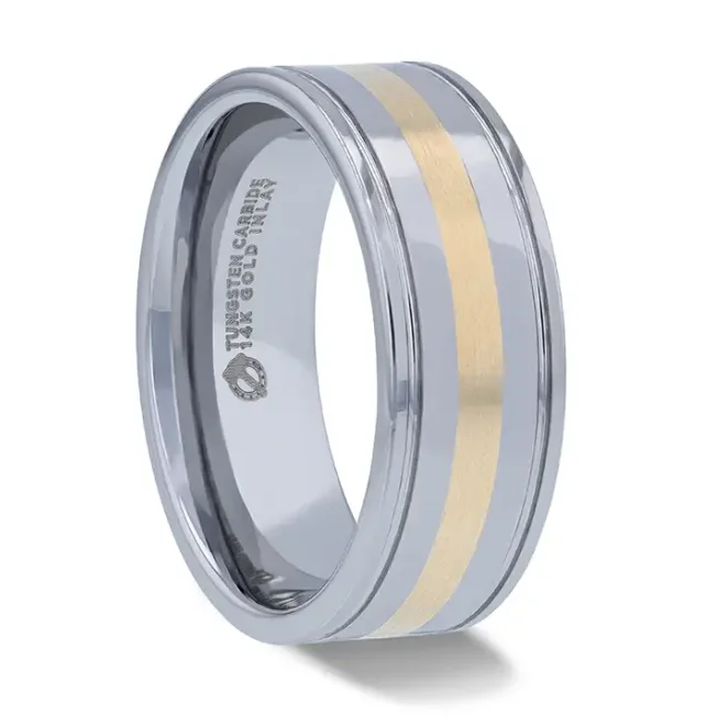 Radiant diamond ring-LAZIO 14k Gold Inlay with Grooved Edges Tungsten Polished Wedding Band - 8mm