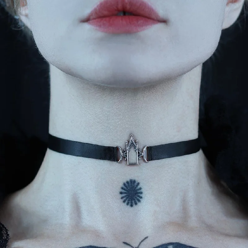 Jagged rim necklace-LENORE. Gothic Arch Window Satin Choker - Silver