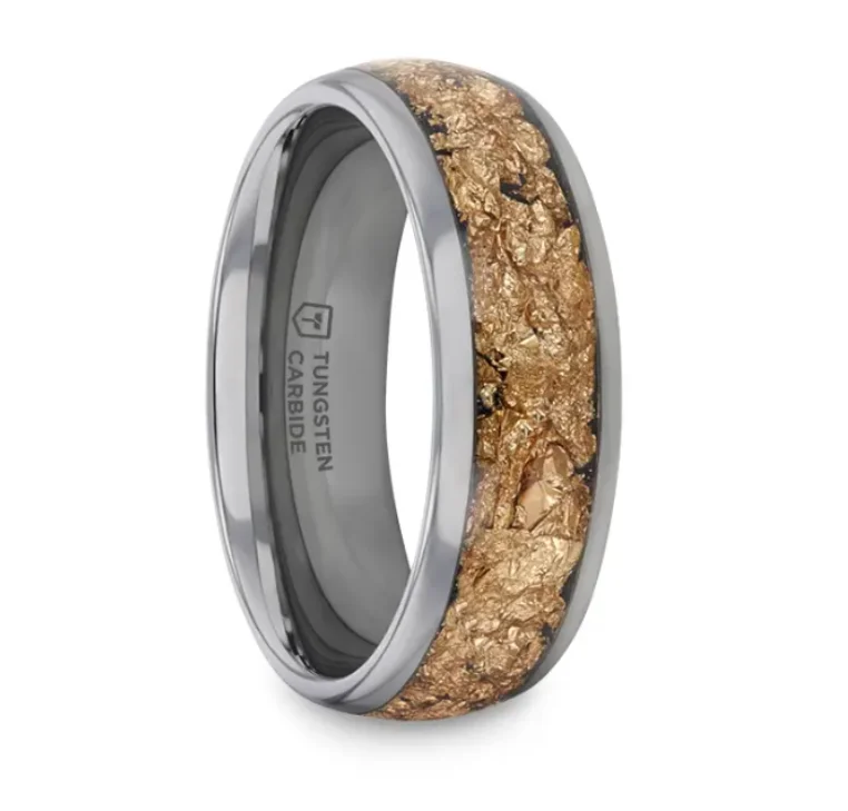 Satin marble ring-LUXE Tungsten and Decorative Gold Flakes Inlay - 8mm