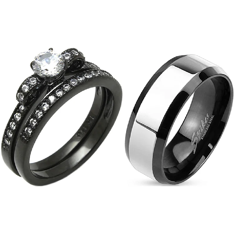 Pentagon stone ring-Matching Couple Ring Set Womens Black Anniversary Ring Set Mens Two Tone Band