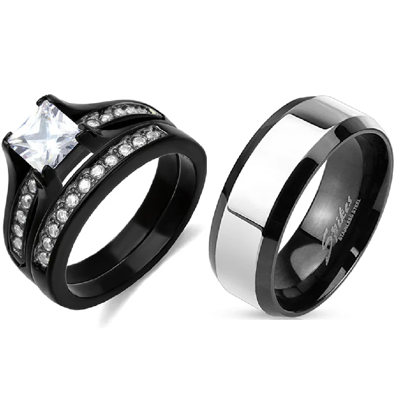 Mosaic band ring-Couple Ring Set 1 Carat Princess CZ Black Stainless Steel Wedding Ring Set Mens Two Tone Band