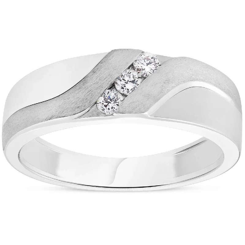 Jutting gem ring-Mens 1/5ct White Gold Diamond 6.5mm Brushed Wedding Curve Anniversary Band