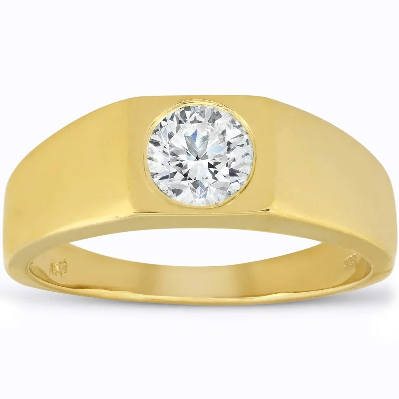 Sun flare ring-Mens 1 ct Round Solitaire Diamond Wedding Ring 14k Yellow Gold