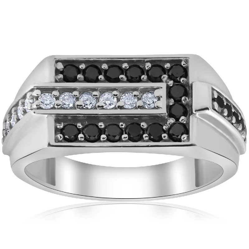 Jagged rim ring-Mens 5/8ct Black & White Diamond Wedding Ring 10k White Gold