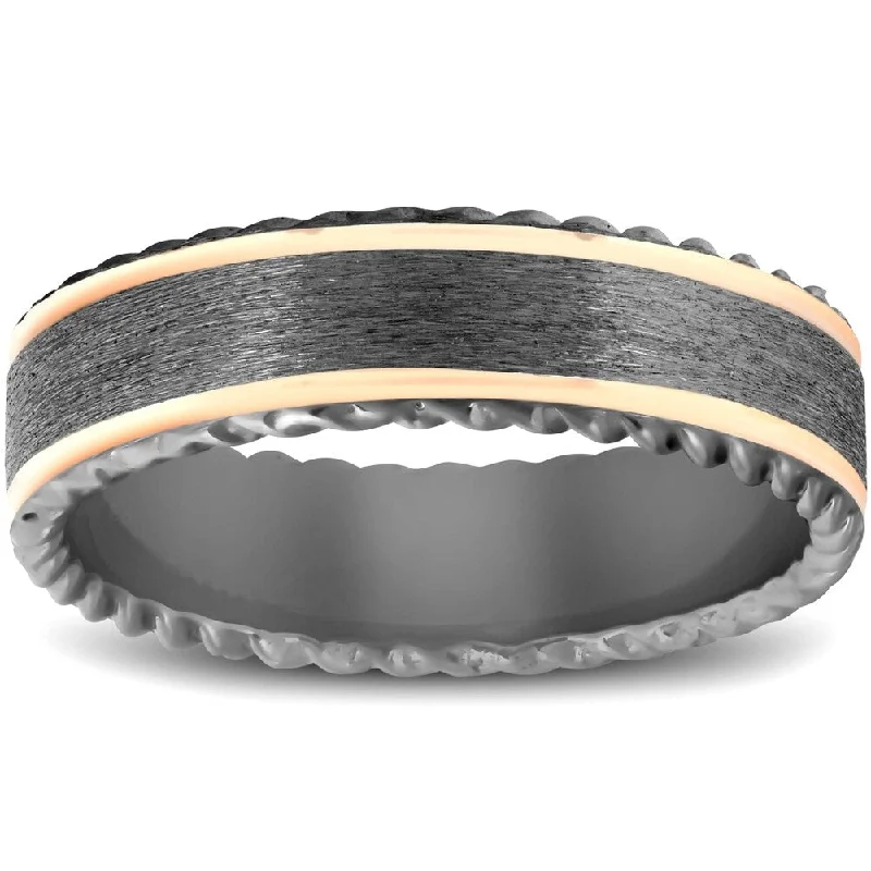 Jutting gem ring-Mens Black & Rose Gold 6MM Comfort Fit Braided Brushed Wedding Band