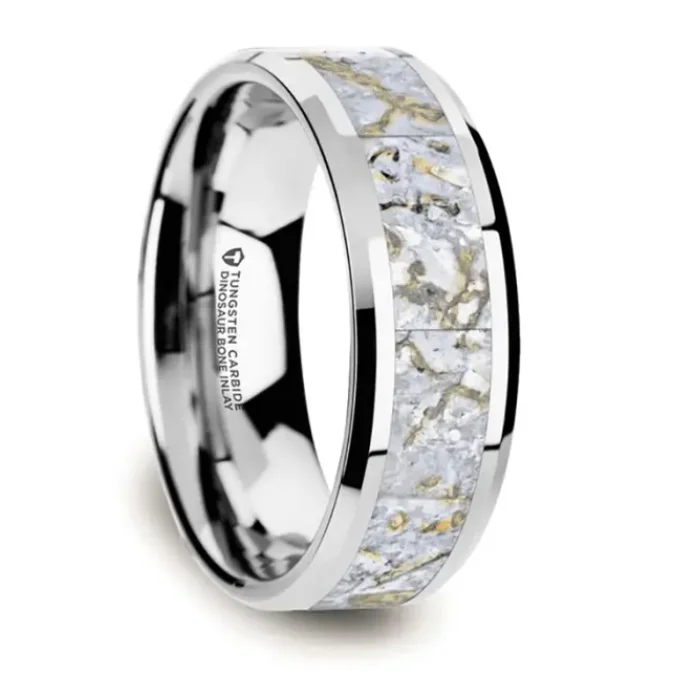 Worn finish ring-MESOZOIC Men’s Tungsten Flat Beveled Ring with White Dinosaur Bone Inlay - 4mm or 8mm