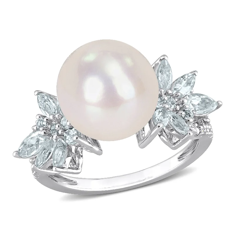 Intricate filigree ring-Mimi & Max 11-12mm Cultured Freshwater Pearl and 1 1/5ct TGW Aquamarine and 1/10ct TDW Diamond Flower Ring in Sterling Silver