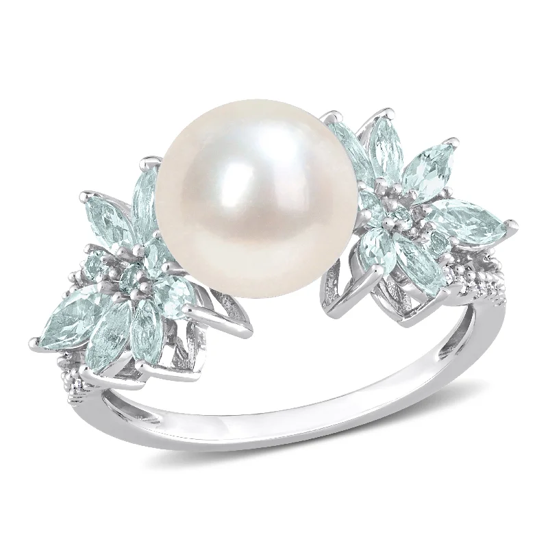 Decagonal stone ring-Mimi & Max 9-9.5mm Cultured Freshwater Pearl and 3/5ct TGW Aquamarine and 1/8ct TW Diamond Flower Ring in 14k White Gold