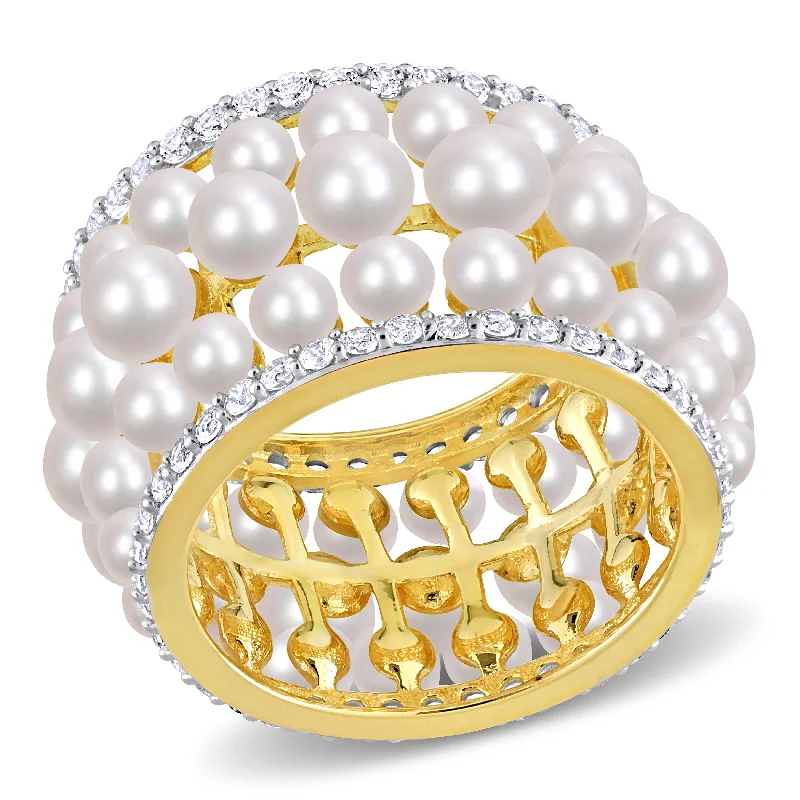 Forged gold ring-Mimi & Max Cultured Freshwater Pearl and 1 3/5ct TGW Created White Sapphire Triple Row Ring in Yellow Silver