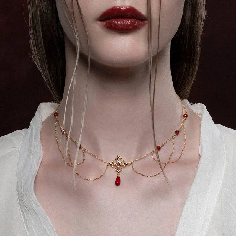 Twisting design necklace-MUTINY. Fleur de Lis Multi-Drop Garnet Collar - Gold