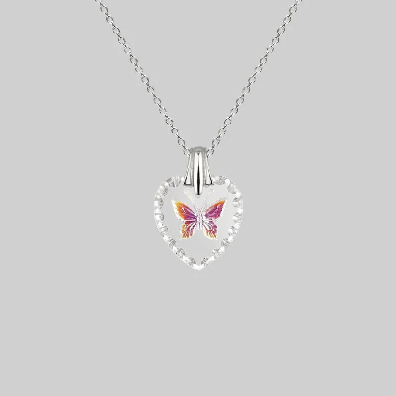 Glistening tourmaline necklace-NEW DAWN. Butterfly Engraved Glass Heart Necklace - Silver