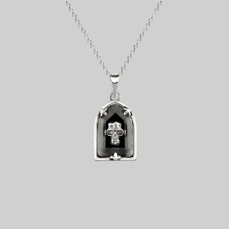 Worn finish necklace-OMINOUS. Skull Under Glass Necklace - Silver