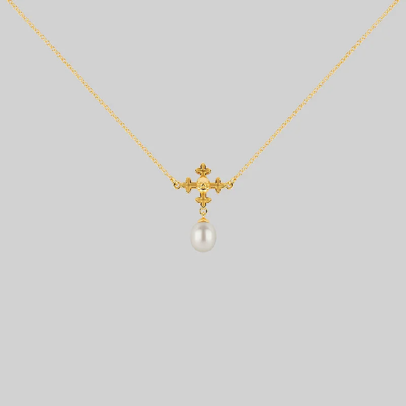 Vivid amazonite necklace-OPHELIA. Medieval Cross Collar - Gold