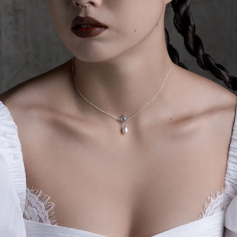 Satin marble necklace-OPHELIA. Medieval Cross Collar - Silver