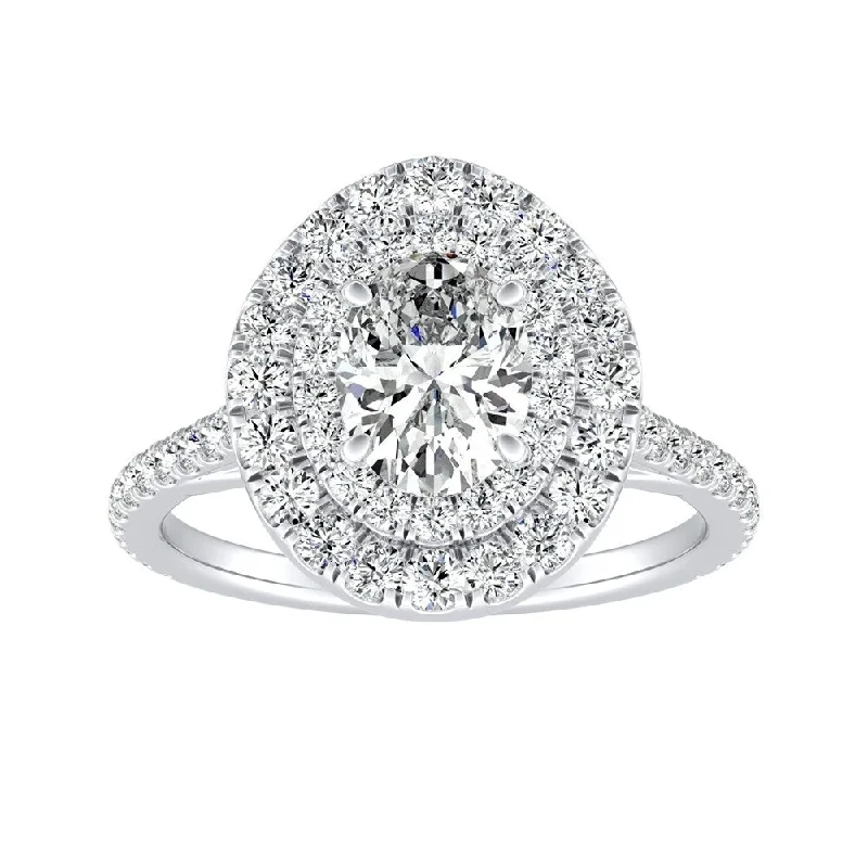 Skewed stone ring-Oval Shape 1 1/4cttw Double Halo Diamond Engagement Ring 14k Gold by Auriya (H-I, SI1-SI2)