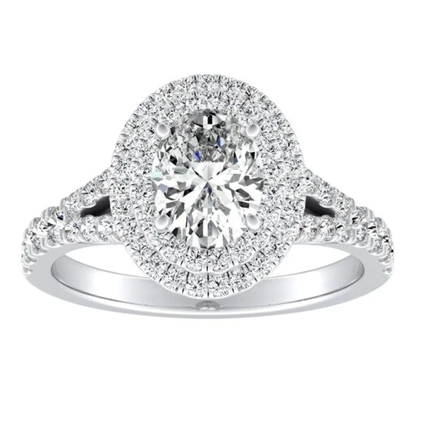 Tapered stone ring-Oval Shape Halo Diamond Engagement Ring 1 1/2ctw 18k Gold by Auriya