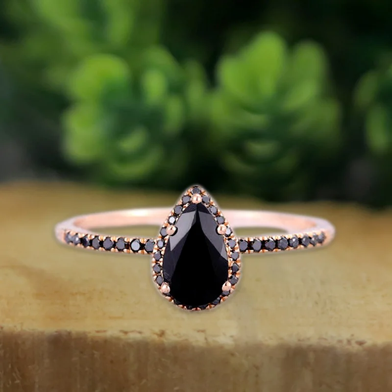 Rich topaz ring-1ct Pear Black Diamond Halo Ring