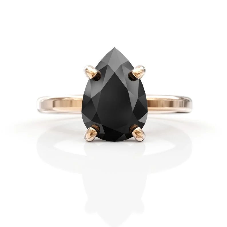 Tapered stone ring-14K Gold Pear Cut Black Diamond Ring For Her