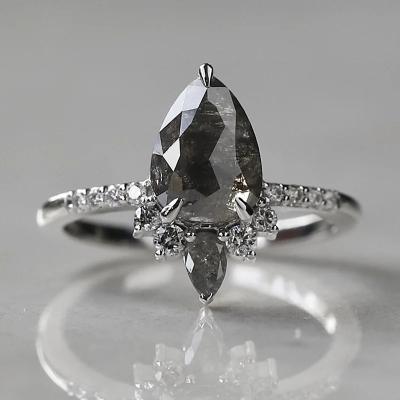 Airy silver ring-14K White Gold Salt and Pepper Pear Diamond Ring For Her