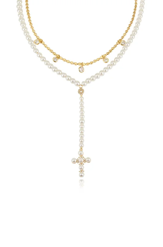 Hand-chiseled necklace-Pearl Cross Drop Lariat Necklace Set