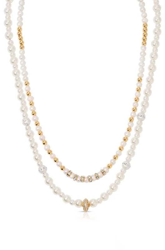 Satin marble necklace-Pearls Double Sparkle Beaded Necklace Set